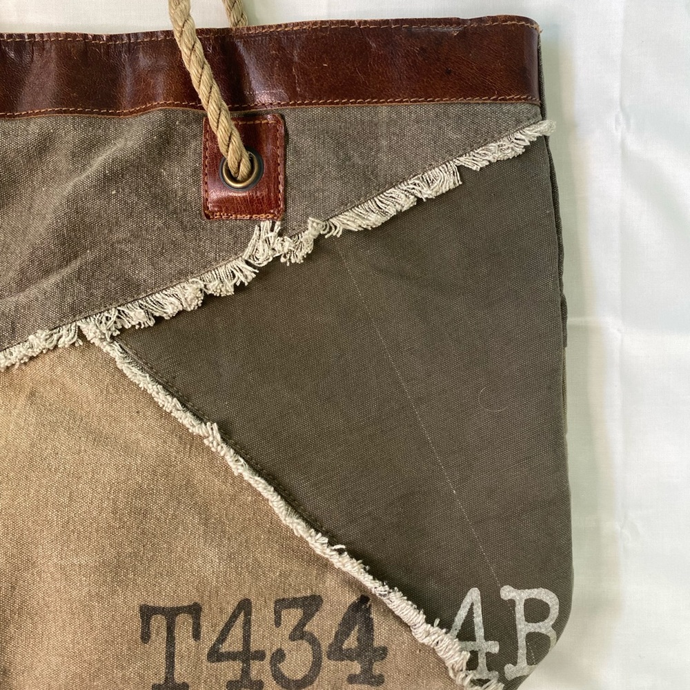 Mona B Canvas Patchwork Tote Bag in Brown and Olive - Picture 3 of 8